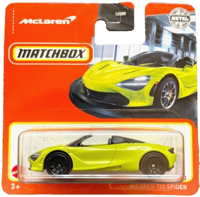 MATCHBOX McLAREN 720 SPIDER CONVERTIBLE YELLOW GREEN 1:64 3/100 SHORT CARD