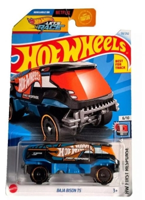 HOT WHEELS BAJA BISON T5 BLACK BLUE 67/250 HW FIRST RESPONSE 6/10 LONG CARD 2024 1:64 NETFLIX LETS RACE TRACK STARS