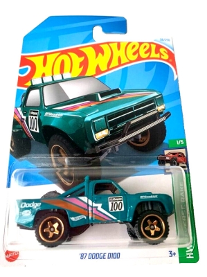 HOT WHEELS '87 DODGE D100 GREEN TURQUOISE 38/250 (1:64) HW REVERSE RAKE 1/5 LONG CARD