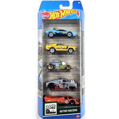 HOT WHEELS 5 CARS IN BOX LAMBORGHINI COUNTACH PACE CAR, '70 FORD MUSTANG MACH1 HEAD STARTER, ERIKSTEIN ROD AND PORCHE 917 LH (RETRO RACERS) 1:64