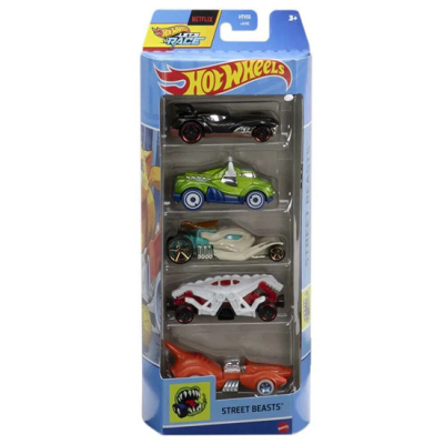 HOT WHEELS 5 CARS IN BOX HOWLIN HEAT, PURRFECT SPEED,TOMB UP, DOUBLE DEMON AND STEER CLEAR 1:64 HW STREET BEASTS (HTV55-JA10C)