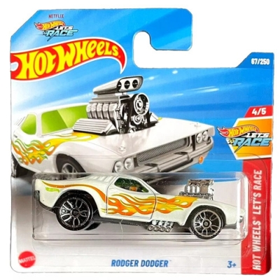 HOT WHEELS RODGER DODGER 67/250 FLAME WHITE 1:64 HW LET'S RACE 4/5 SHORT CARD