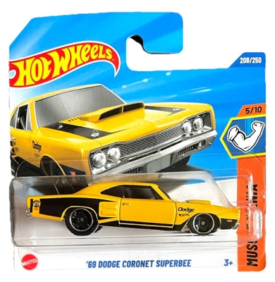 HOT WHEELS 69 DODGE CORONET SUPERBEE BLACK YELLOW 208/250 HW MUSCLE MANIA 5/10 SHORT CARD 2026