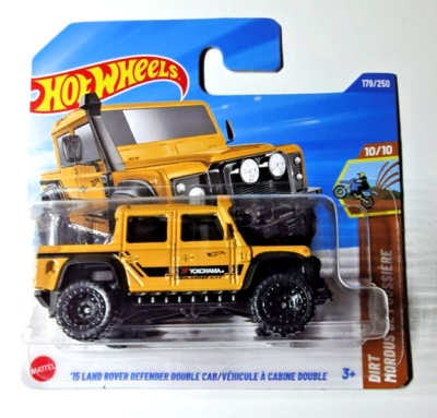 HOT WHEELS 15 LAND ROVER DEFENDER DOUBLE CAB YOKOHAMA GEOLANDER 4X4 YELLOW 179/250 DIRT10/10 2025 SHORT CARD