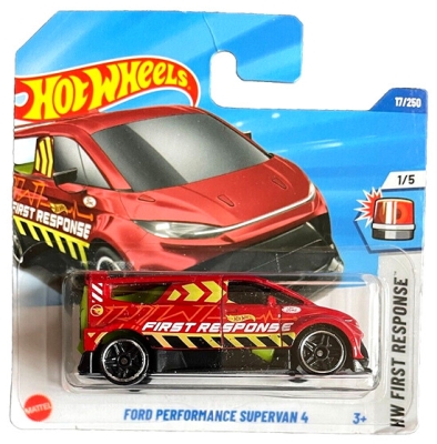 HOT WHEELS FORD PERFORMANCE SUPERVAN 4 BUS 17/250 RESQUE RED 1:64 17/250 HW FIRST RESPONSE 1/5 SHORT CARD