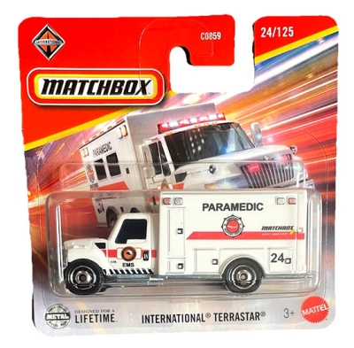 MATCHBOX PARAMEDIC EMS INTERNATIONAL TERRASTAR AMBULANCE 24/125 1:64 SHORT CARD