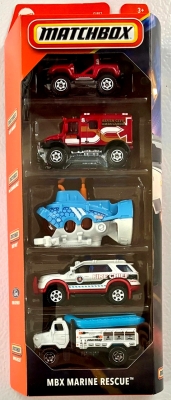 MATCHBOX 5 IN BOX MBX MARINE RECUE METAL (1:64) CLIFF HANGER, 4x4 SCRAMBULANCE,DEEP DIVER, FORD EXPLORER, RAPID RESCUE 5-PACK
