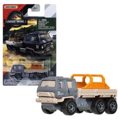 MATCHBOX OFF ROAD RESCUE RIG ARMY GREY JURASSIC WORLD 1:64 METAL JGK99 LONG CARD