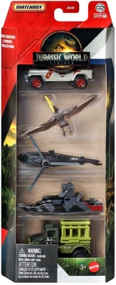 MATCHBOX 5 IN BOX JURASSIC WORLD REBIRTH 2 METAL (1:64) 5 PACK ALL TERRAIN PATROL, LAND, SEA, AND AIR