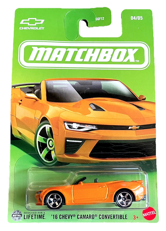 '16 CHEVY CAMARO CONVERTIBLE ORANGE 04/051:64 MATCHBOX METAL ROAD STARS SHORT CARD